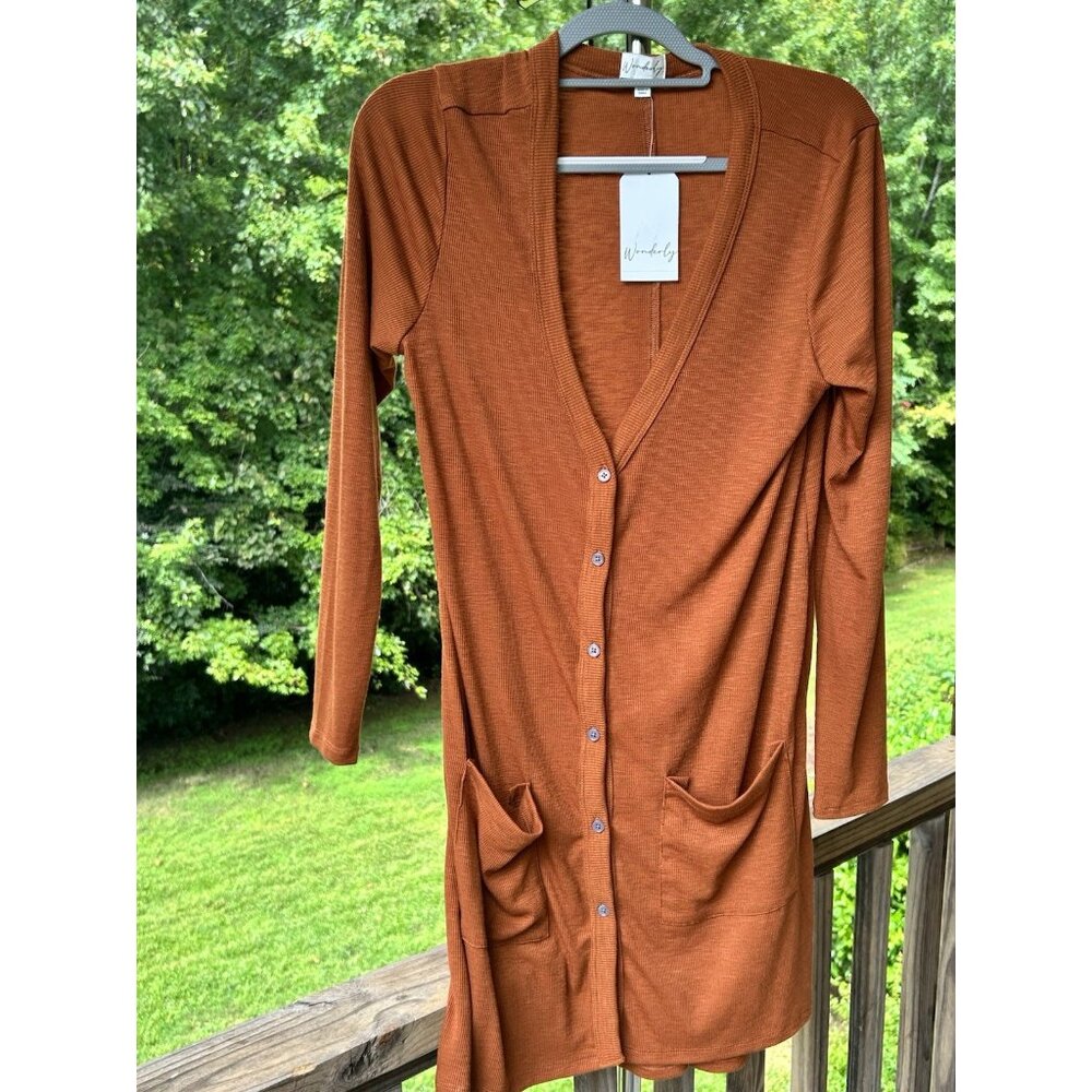 Beautiful FALL Button Down Copper Cardigan Long Lavender Buttons Pockets L
